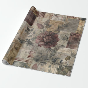 Donkere Cottage Bloemstuk Patchwork -Burgundy & Ho Cadeaupapier