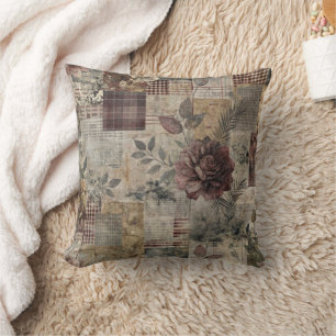 Donkere Cottage Bloemstuk Patchwork -Burgundy & Ho Kussen