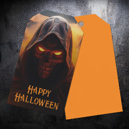 Donkere demon met oranje rook halloween cadeaulabel