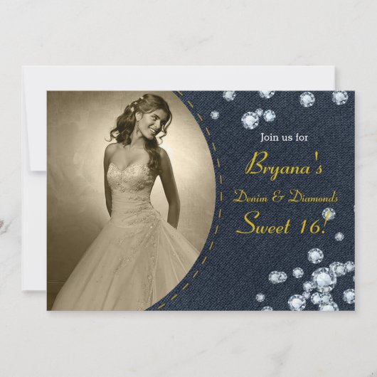 Donkere denim en diamanten foto verjaardag uitnodi kaart (Voorkant)