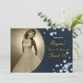 Donkere denim en diamanten foto verjaardag uitnodi kaart (Staand voorkant)