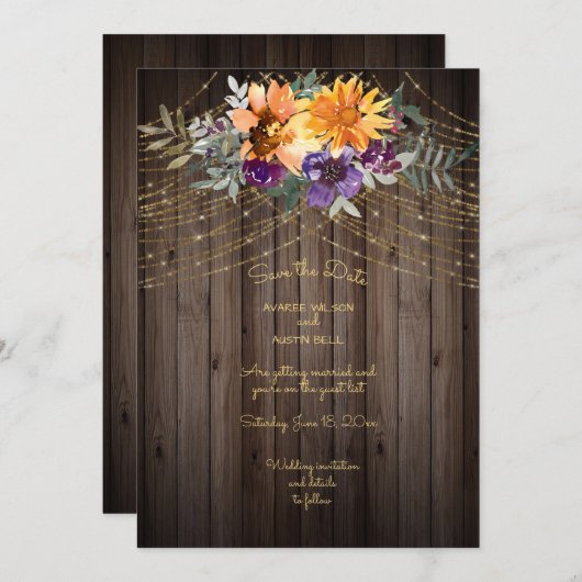 Donkere donkerbruine strijkvellen zonnebloemen save the date (Voorkant / Achterkant)