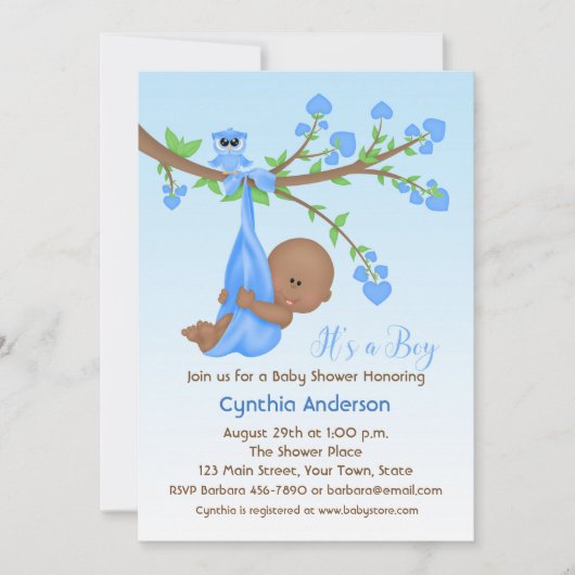 Donkere, dunne babyjongen in de boom, Baby shower Kaart (Voorkant)