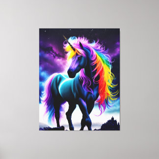 Donkere Eenhoorn met Rainbow Mane Canvas Afdruk