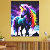 Donkere Eenhoorn met Rainbow Mane Canvas Afdruk (Insitu (Woonkamer))