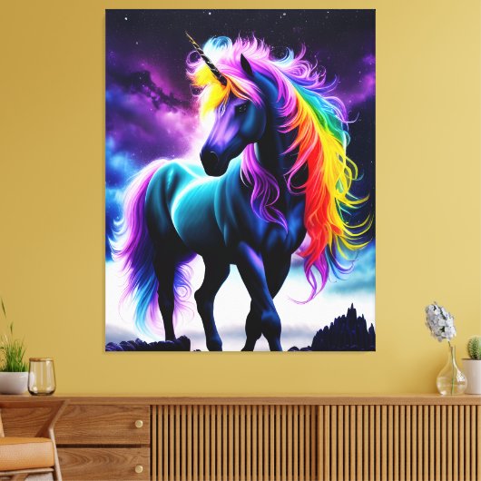 Donkere Eenhoorn met Rainbow Mane Canvas Afdruk (Insitu (Woonkamer))