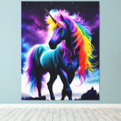 Donkere Eenhoorn met Rainbow Mane Canvas Afdruk (Insitu (Houten vloer))