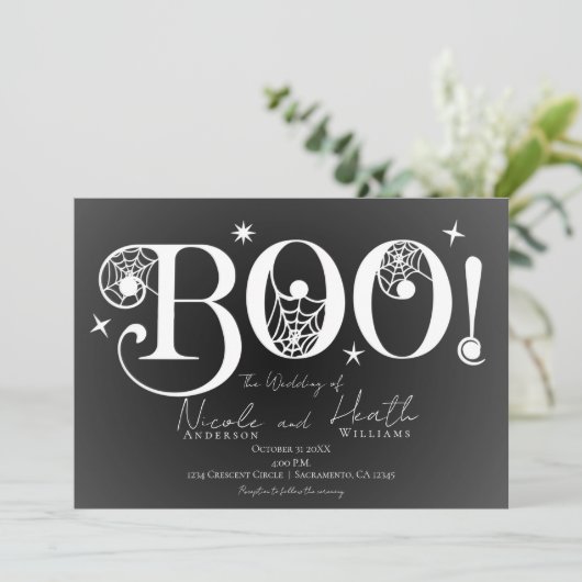 Donkere Elegant BOO Black White Halloween Weddensc Kaart (Staand voorkant)