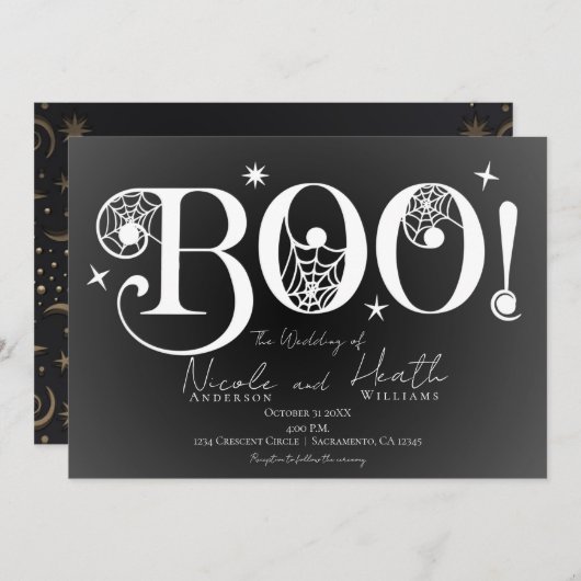 Donkere Elegant BOO Black White Halloween Weddensc Kaart (Voorkant / Achterkant)