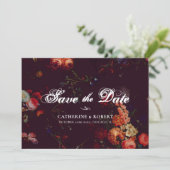 Donkere Elegante Bourgondiër Droevige Bloemige Fot Save The Date (Staand voorkant)
