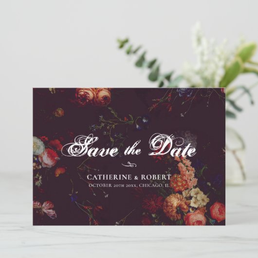 Donkere Elegante Bourgondiër Moody Bloem Foto Save The Date (Staand voorkant)