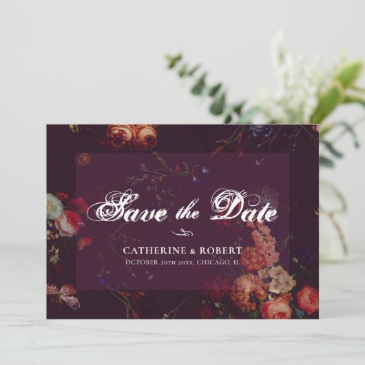 Donkere Elegante Bourgondiër Moody Bloem Save The Date (Staand voorkant)