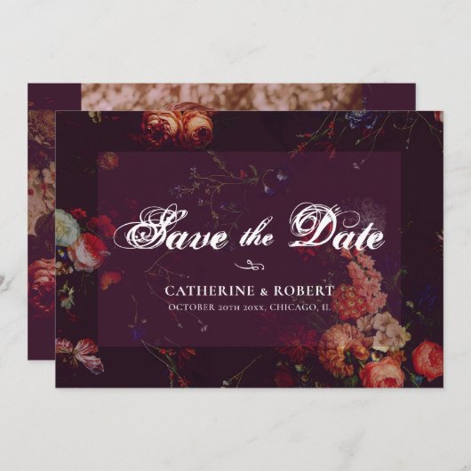 Donkere Elegante Bourgondiër Moody Bloem Save The Date (Voorkant / Achterkant)