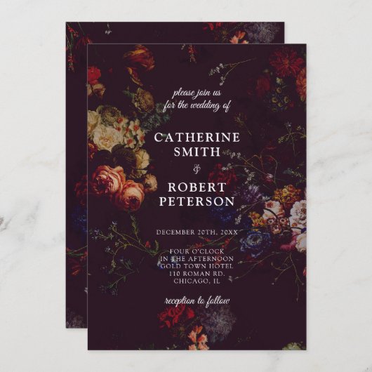 Donkere Elegante Bourgondiër Moody Bloemige Trouwd Kaart (Voorkant / Achterkant)