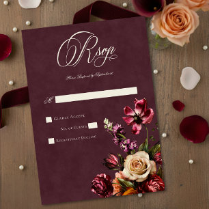 Donkere Elegante Herfst Bloemrijke Bourgogne Trouw RSVP Kaartje