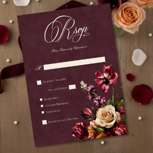 Donkere Elegante Herfst Bloemrijke Bourgogne Trouw RSVP Kaartje