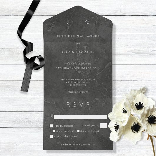 Donkere Elegante Minimalistische Moderne Bruiloft All In One Uitnodiging