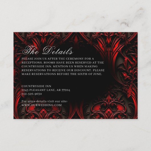 Donkere Elegante Rode & Zwarte Gotische Damast Huw Informatiekaartje (Voorkant)