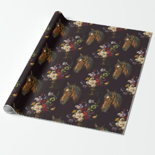 Donkere Elegante Vintage Paard Bloem Cadeaupapier