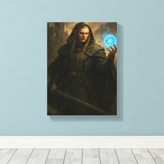 Donkere elfafbeelding met gloeiende blauwe magisch canvas afdruk (Insitu (Houten vloer))