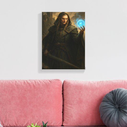 Donkere elfafbeelding met gloeiende blauwe magisch canvas afdruk (Insitu (Woonkamer))