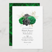 Donkere Emerald en Gold Floral QR-code RSVP Wedden Kaart (Voorkant / Achterkant)