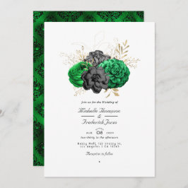 Donkere Emerald en Gold Floral QR-code RSVP Wedden Kaart