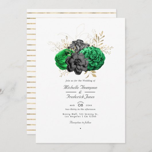 Donkere Emerald en Gold Floral QR-code RSVP Wedden Kaart (Voorkant / Achterkant)