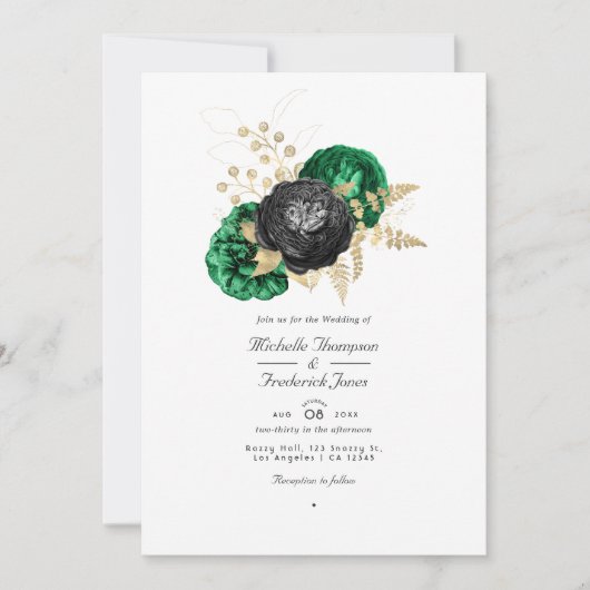 Donkere Emerald en Gold Floral QR-code RSVP Wedden Kaart (Voorkant)