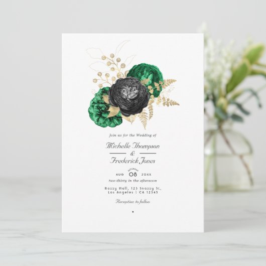 Donkere Emerald en Gold Floral QR-code RSVP Wedden Kaart (Staand voorkant)