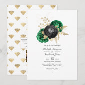 Donkere Emerald en Gold Floral QR-code RSVP Wedden Kaart (Voorkant / Achterkant)