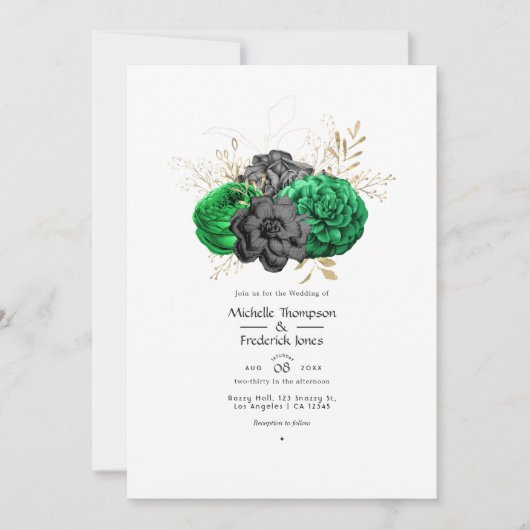 Donkere Emerald en Gold Floral Wedding Kaart (Voorkant)
