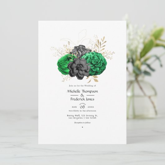 Donkere Emerald en Gold Floral Wedding Kaart (Staand voorkant)