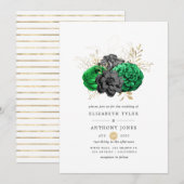 Donkere Emerald en Gold Floral Wedding Kaart (Voorkant / Achterkant)