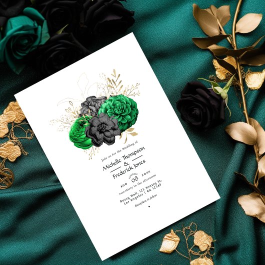 Donkere Emerald en Gold Floral Wedding Kaart