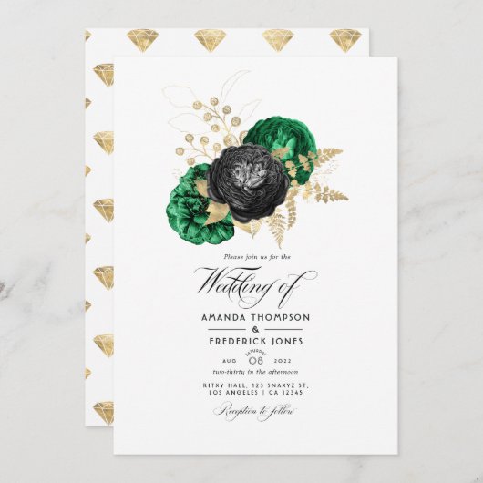 Donkere Emerald en Gold Floral Wedding Kaart (Voorkant / Achterkant)