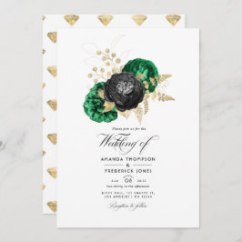 Donkere Emerald en Gold Floral Wedding Kaart