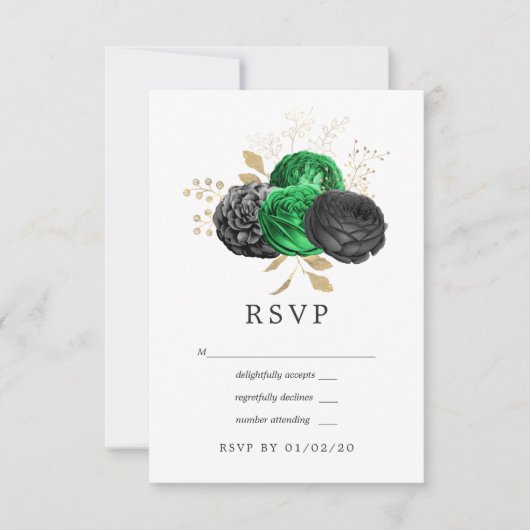 Donkere Emerald en Gold Floral Wedding RSVP Kaartje (Voorkant)