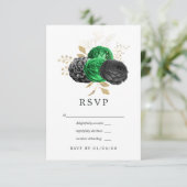 Donkere Emerald en Gold Floral Wedding RSVP Kaartje (Staand voorkant)