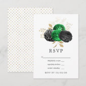 Donkere Emerald en Gold Floral Wedding RSVP Kaartje (Voorkant / Achterkant)