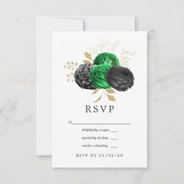 Donkere Emerald en Gold Floral Wedding RSVP Kaartje