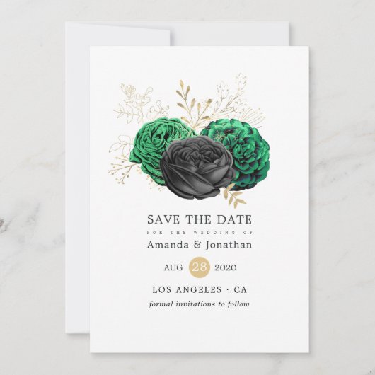 Donkere Emerald en Gold Floral Wedding Save The Date (Voorkant)