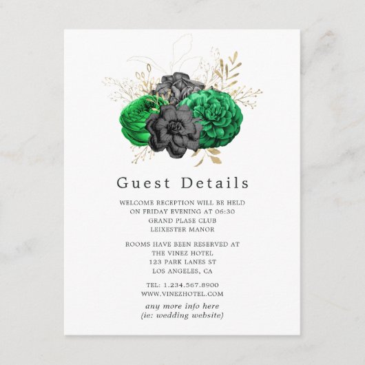 Donkere Emerald en Goud Bloemen Bruiloft Gast Deta Informatiekaartje (Voorkant)