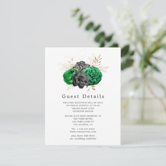 Donkere Emerald en Goud Bloemen Bruiloft Gast Deta Informatiekaartje (Staand voorkant)