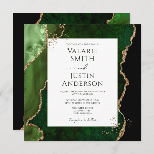 Donkere Emerald Green en Gold Agate Stone Wedding Kaart (Voorkant / Achterkant)