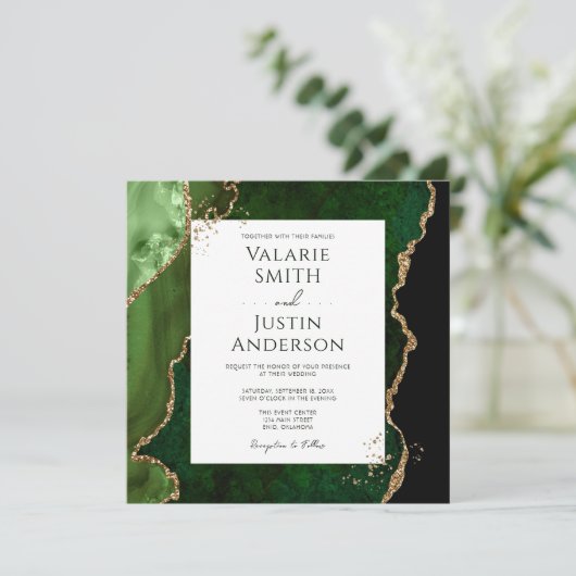 Donkere Emerald Green en Gold Agate Stone Wedding Kaart (Staand voorkant)