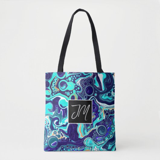 Donkere en Aqua Blue Marble Fluid Art op maat Tote Bag (Voorkant)