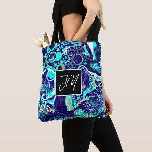 Donkere en Aqua Blue Marble Fluid Art op maat Tote Bag (Dichtbij)
