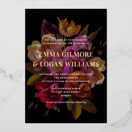 Donkere en dunne, dunne, gevilde Florale bruiloft Folie Uitnodiging (Voorkant)