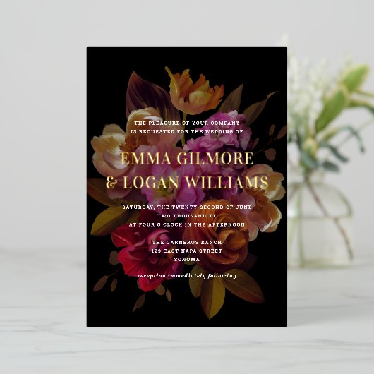 Donkere en dunne, dunne, gevilde Florale bruiloft Folie Uitnodiging (Staand Voorkant)